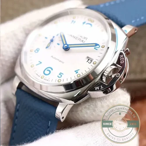 Panerai Luminor Due replica PAM906 white dial steel case front view