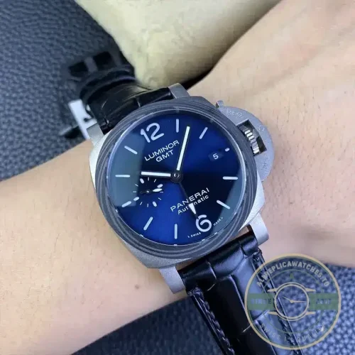 Panerai Luminor replica GMT PAM 1279 blue sandwich dial steel case