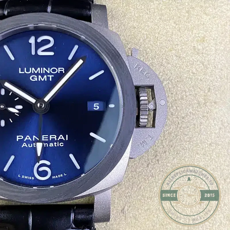 Panerai Luminor replica GMT PAM 1279 blue sandwich dial steel case