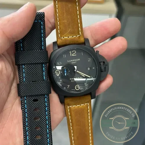 Panerai Luminor GMT replica PAM1441 black ceramic case sandwich dial