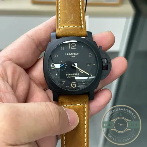 Panerai Luminor GMT replica PAM1441 black ceramic case sandwich dial