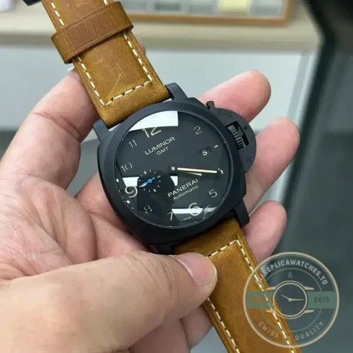 Panerai Luminor GMT replica PAM1441 black ceramic case sandwich dial