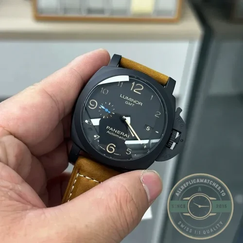 Panerai Luminor GMT replica PAM1441 black ceramic case sandwich dial
