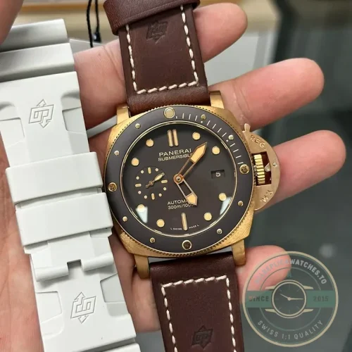Panerai Submersible replica PAM968 bronze case brown sandwich dial