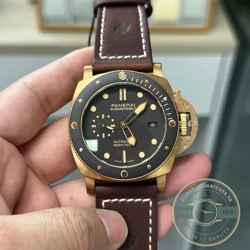 Panerai Submersible replica PAM968 bronze case brown sandwich dial