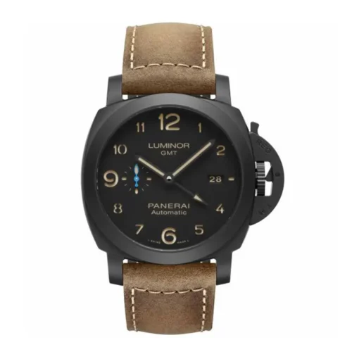 Panerai Luminor 1950 GMT PAM1441 front, black dial on light brown suede