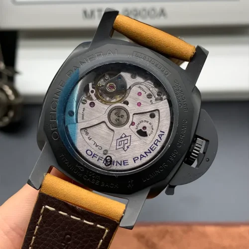 Glass back showing the automatic movement and Officine Panerai print