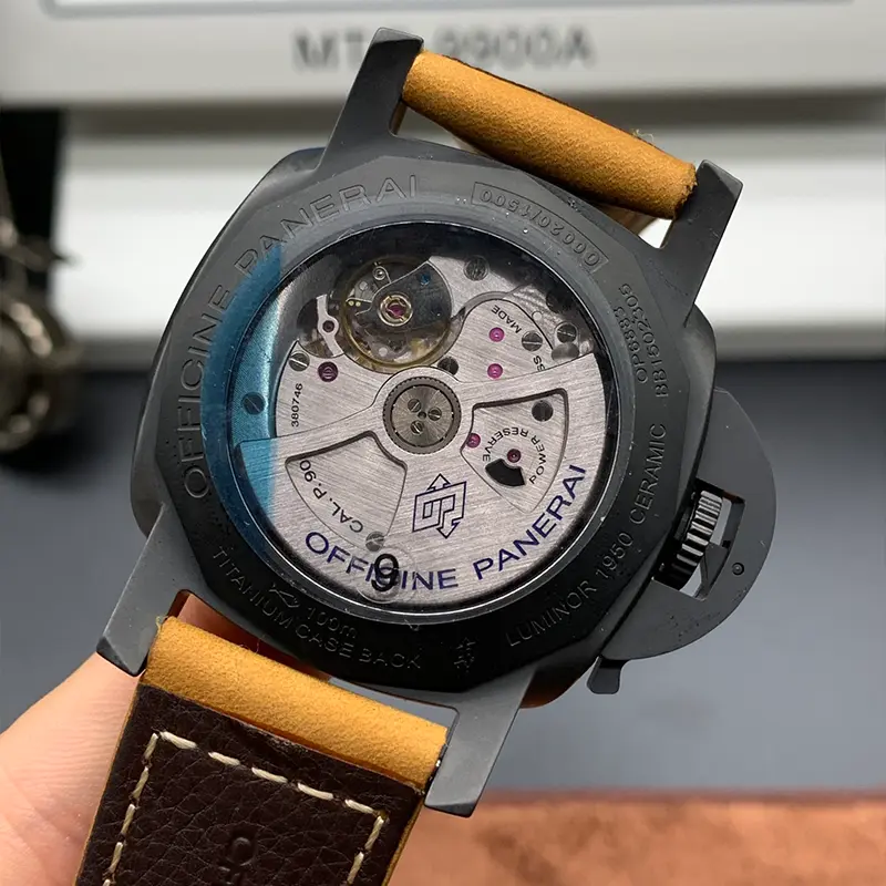 Glass back showing the automatic movement and Officine Panerai print