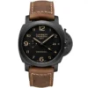 Panerai Luminor 1950 GMT Ceramica PAM441 front, black dial and brown stitched strap