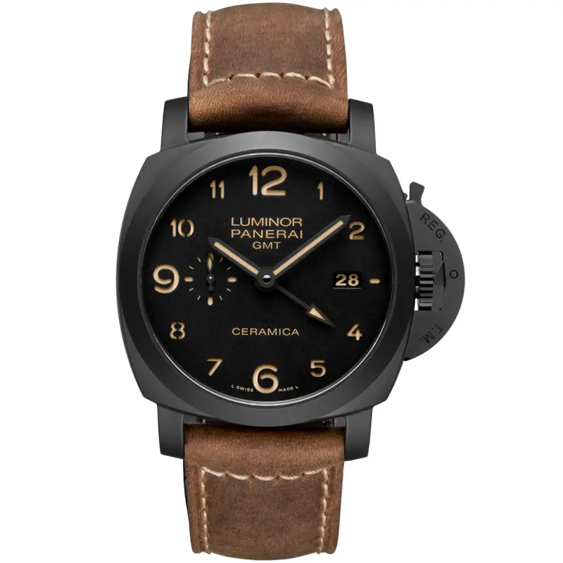 Panerai Luminor 1950 GMT Ceramica PAM441 front, black dial and brown stitched strap