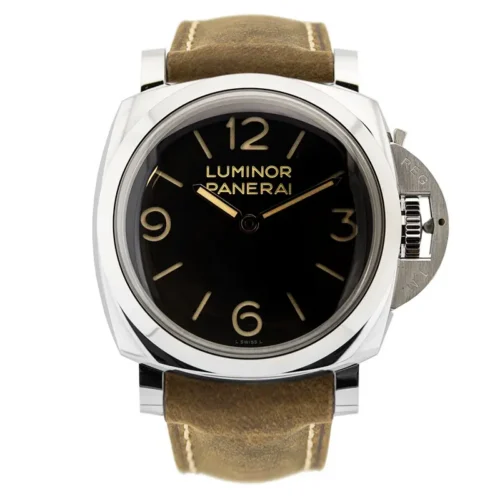 Panerai Luminor 1950 PAM372 front view, black dial and polished steel case