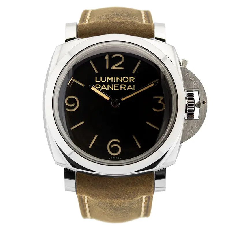Panerai Luminor 1950 PAM372 front view, black dial and polished steel case