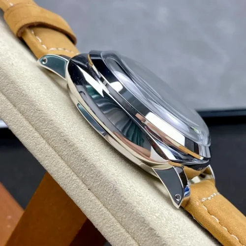 Left side of the polished case with its curved lug and crystal edge