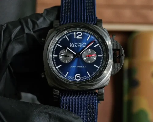 Luminor Chrono PAM1519 front in the glove, blue textile strap
