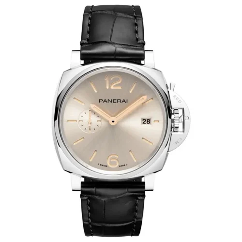Panerai Luminor Due PAM1249 front, champagne sunburst dial and black croc-pattern strap