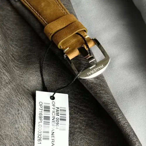 Polished Panerai buckle on tan leather, tag reading Officine Panerai
