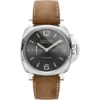 Panerai Luminor Due PAM904 front, anthracite sunburst dial on a tan leather strap