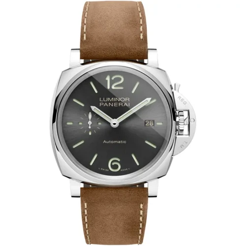 Panerai Luminor Due PAM904 front, anthracite sunburst dial on a tan leather strap