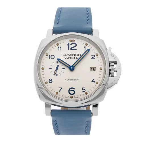 Panerai Luminor Due PAM906 front view, white dial and light blue strap
