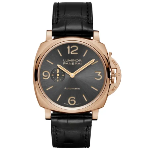 Rose gold tone case and grey sunburst dial with four Arabic numerals