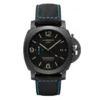 Render on white: black case, baton hour markers and textile strap with blue stitching