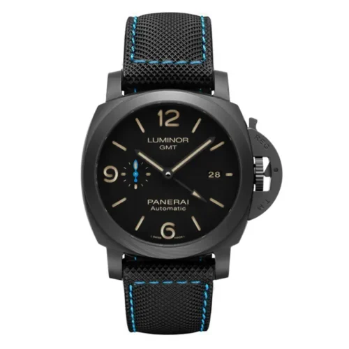 Render on white: black case, baton hour markers and textile strap with blue stitching