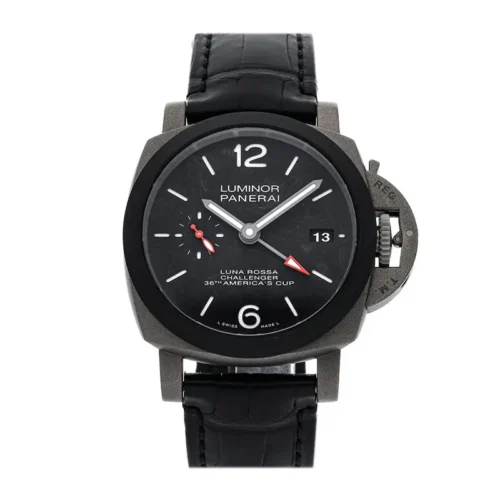 Panerai Luminor GMT Luna Rossa PAM1096 front, red GMT hand on a black dial