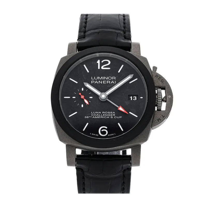 Panerai Luminor GMT Luna Rossa PAM1096 front, red GMT hand on a black dial