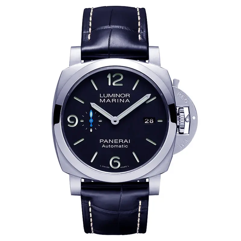 Panerai Luminor Marina 1950 PAM1312 front, black dial with a blue seconds hand