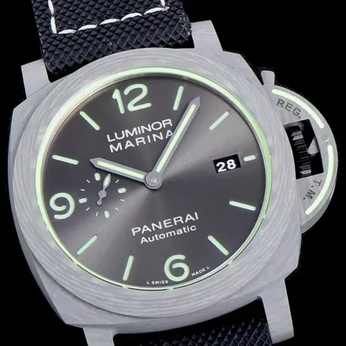 Luminor Marina PAM1119 at an angle, lume track circling the grey dial