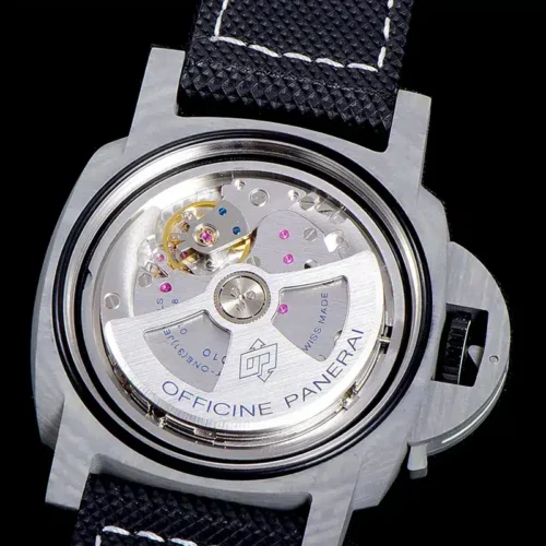 Movement and Officine Panerai rotor seen from the back, black gasket ring