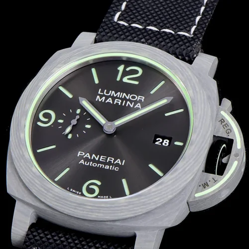 Case turned clockwise, small seconds up at the left, date lower right