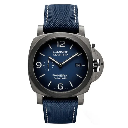 Panerai Luminor Marina Fibratech PAM1663 front, navy gradient dial on a blue strap