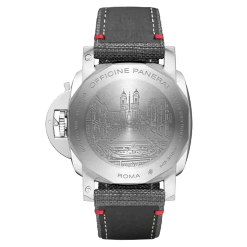 Render of the Roma caseback, Officine Panerai around the engraved city view