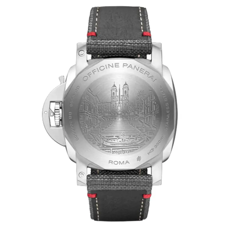Render of the Roma caseback, Officine Panerai around the engraved city view