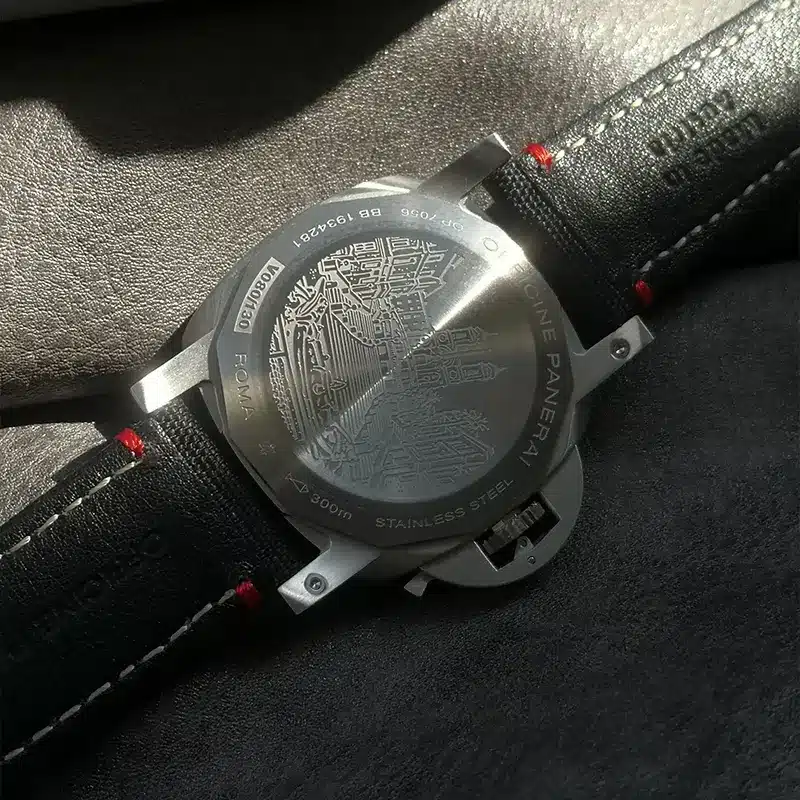Luminor Marina PAM1025 back engraved with a Roma street scene and stainless steel