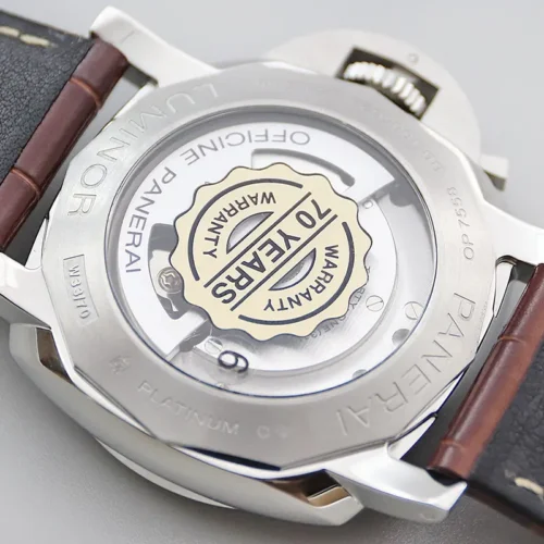 Glass caseback ringed by Luminor and Officine Panerai engravings