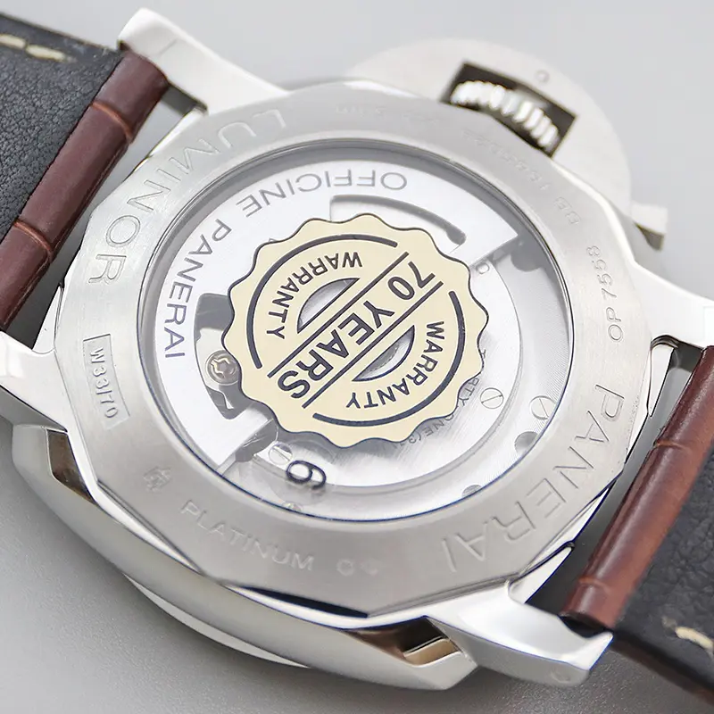Glass caseback ringed by Luminor and Officine Panerai engravings