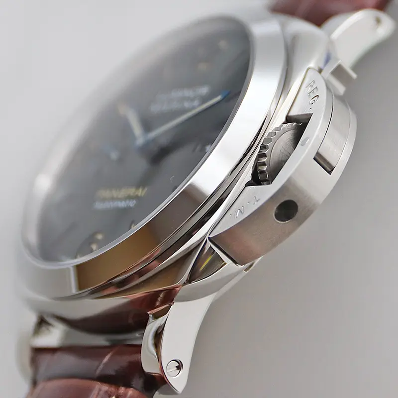 Side profile of the polished case where the crown guard lever closes