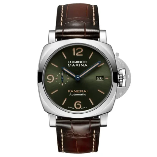 Panerai Luminor Marina PAM1116 with green sunburst dial and brown croc-pattern strap