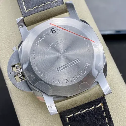 Solid back with Luminor, Panerai and stainless steel engravings and a number