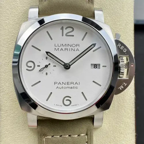 White dial straight on, grey numerals, black-edged hands and the 8 date