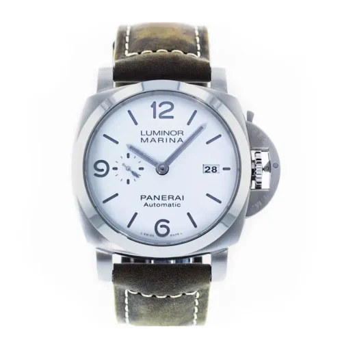 Panerai Luminor Marina PAM1314 with a white dial and olive brown leather strap