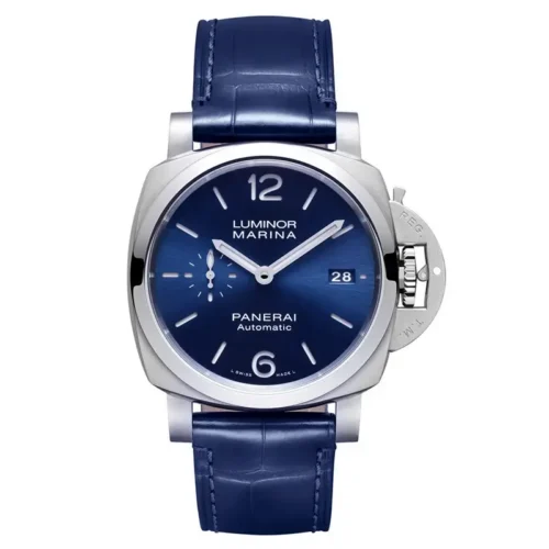 Panerai Luminor Marina PAM1393 front view, deep blue dial and blue croc strap