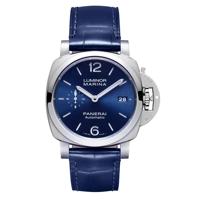 Panerai Luminor Marina PAM1393 front view, deep blue dial and blue croc strap