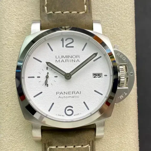 White dial with grey batons and date 25, polished bezel catching light