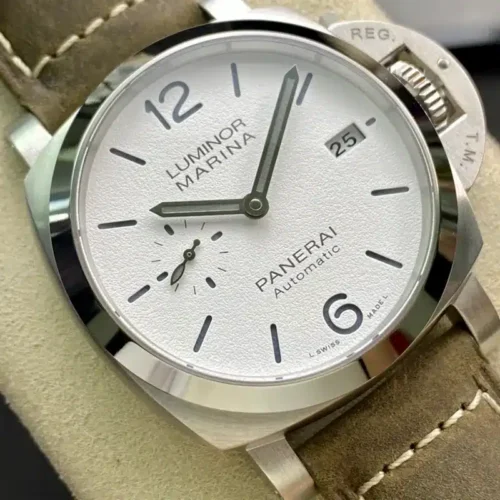 Luminor Marina PAM1394 tilted left, grey hands over the white dial