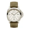Panerai Luminor Marina PAM1394 front, white dial on an olive suede strap