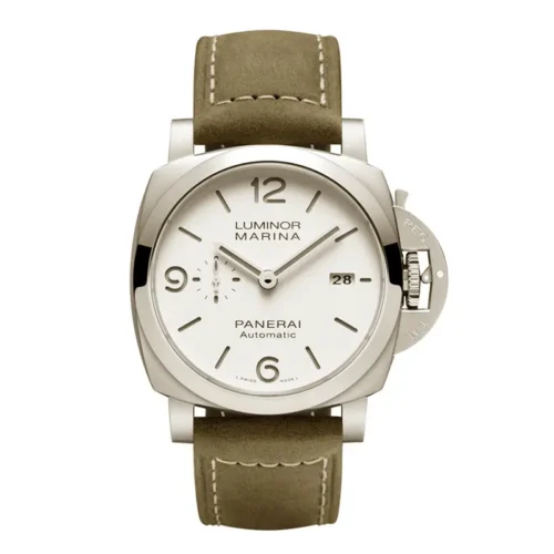 Panerai Luminor Marina PAM1394 front, white dial on an olive suede strap