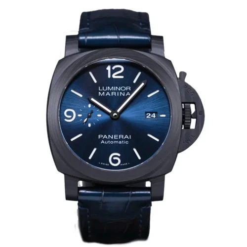 Panerai Luminor Marina PAM1664 front view, blue sunburst dial and black Carbotech case